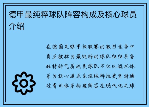 德甲最纯粹球队阵容构成及核心球员介绍